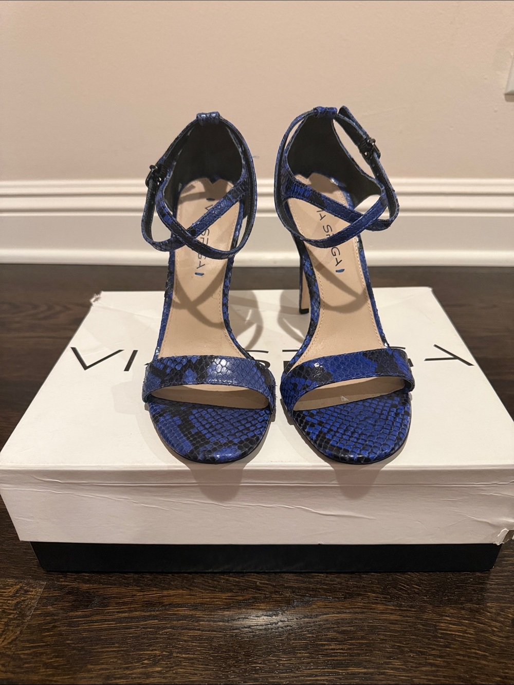 Via Spiga Blue Snake-Print Strappy Stiletto Sandals